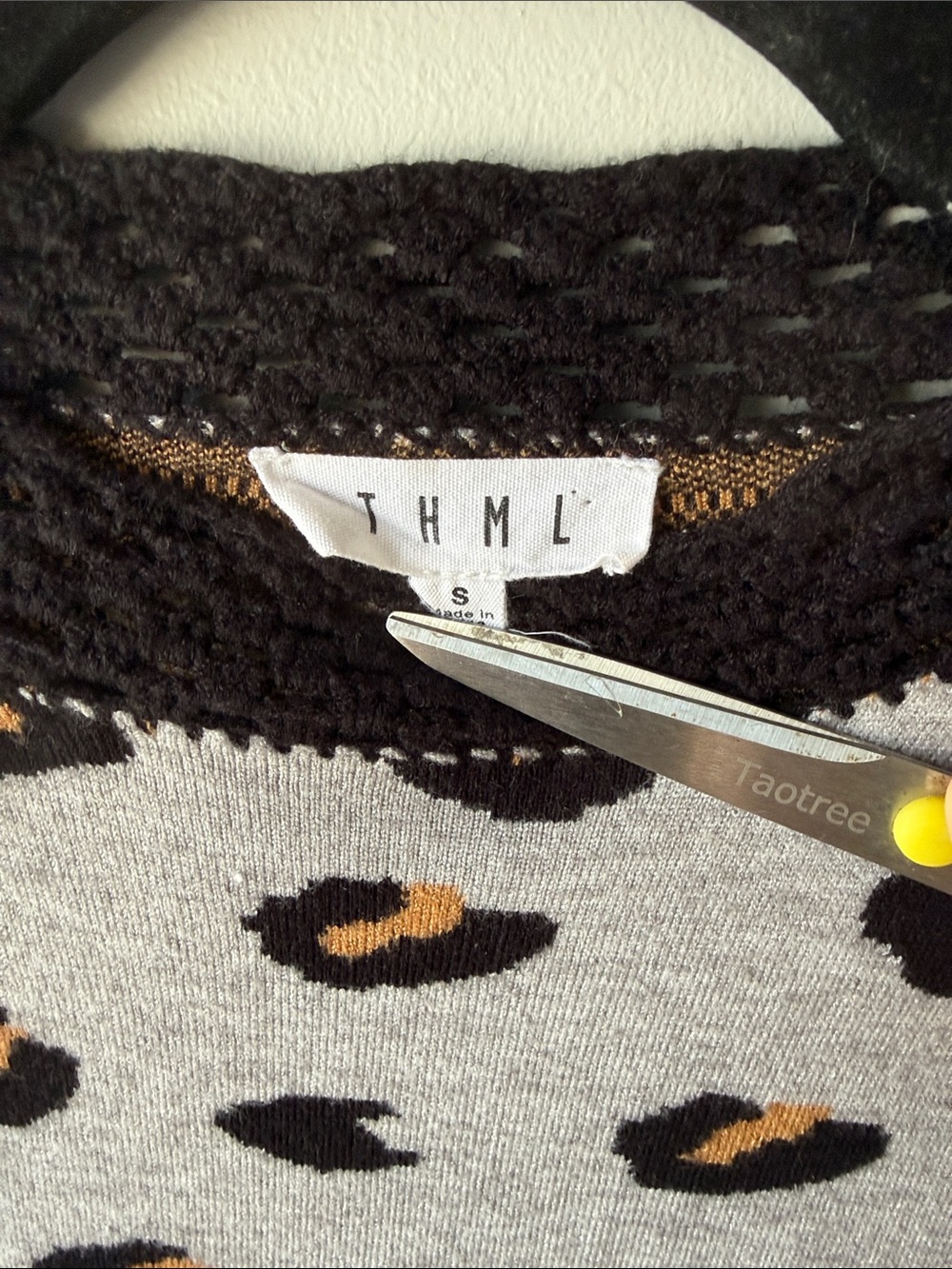 THML Gray Leopard-Print Crewneck Sweater fringe crochet fall small - Picture 2 of 6